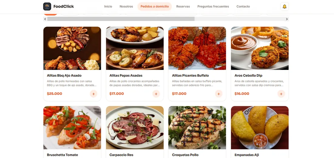 Pedidos a domicilio en línea — catálogo de platos con fotos y precios