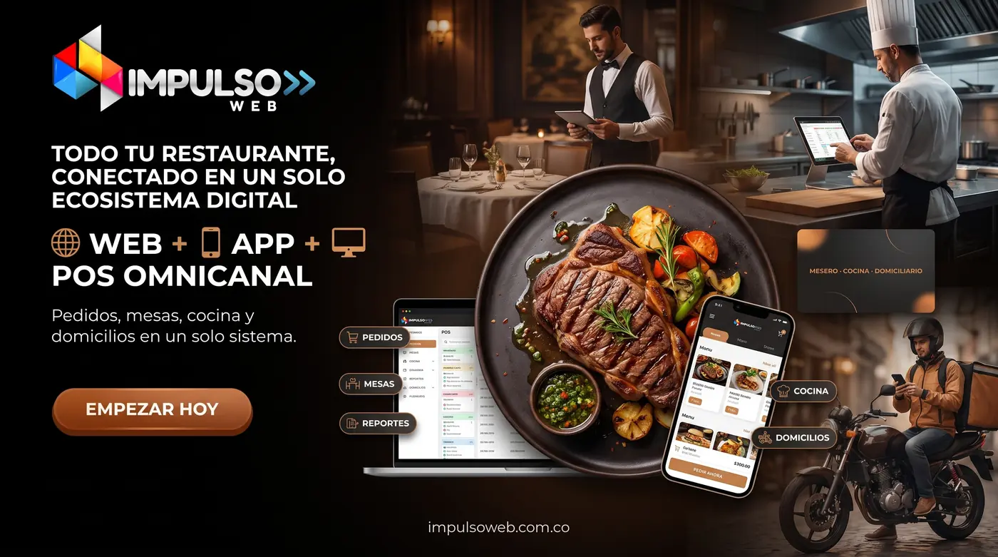 Restaurante POS — ecosistema conectado: web, app y POS omnicanal para pedidos, mesas, cocina y domicilios