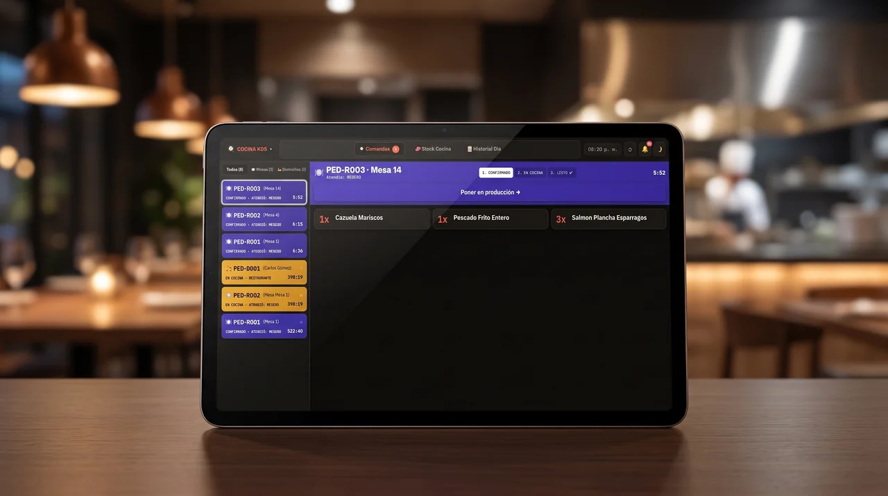 Pantalla de cocina KDS de Gastrobar.Click en una tablet