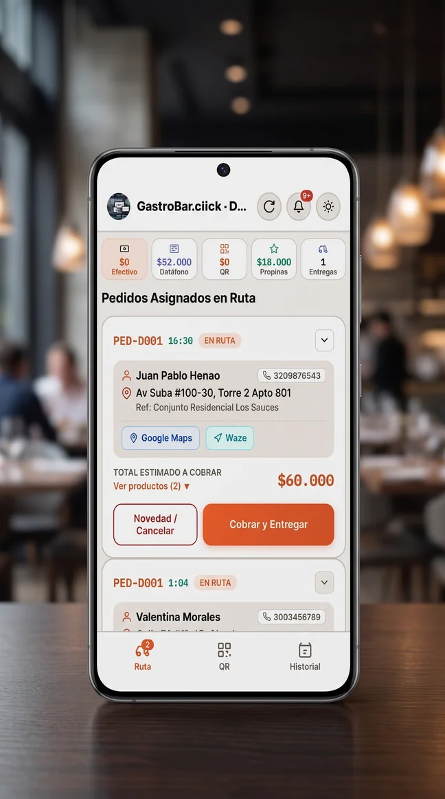 App de domiciliarios de Gastrobar.Click en el celular del repartidor