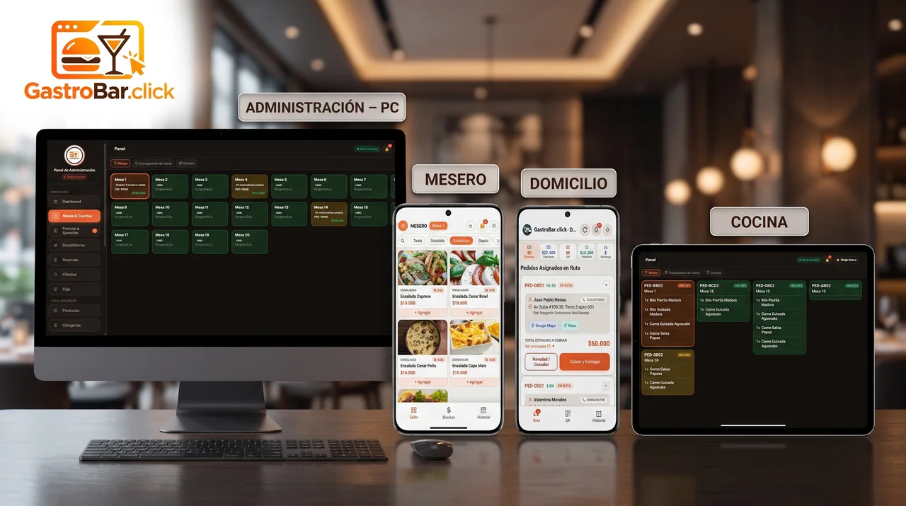 Gastrobar.Click en pantalla de administración, celular de mesero, celular de domiciliario y tablet de cocina