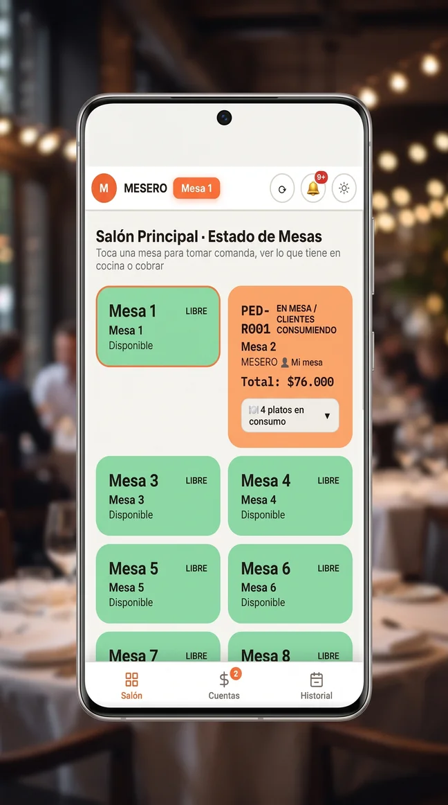 Comandera de Gastrobar.Click con el mapa de mesas en el celular del mesero