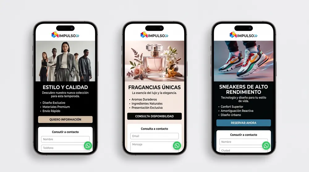 Ejemplo de Landing Page ImpulsoWeb 3: botones CTA y enlace directo a WhatsApp