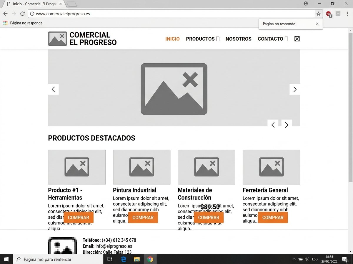 Ejemplo de página web con errores: íconos de imagen rota, fotos que no cargan y botones desalineados, típico antes de una reestructuración