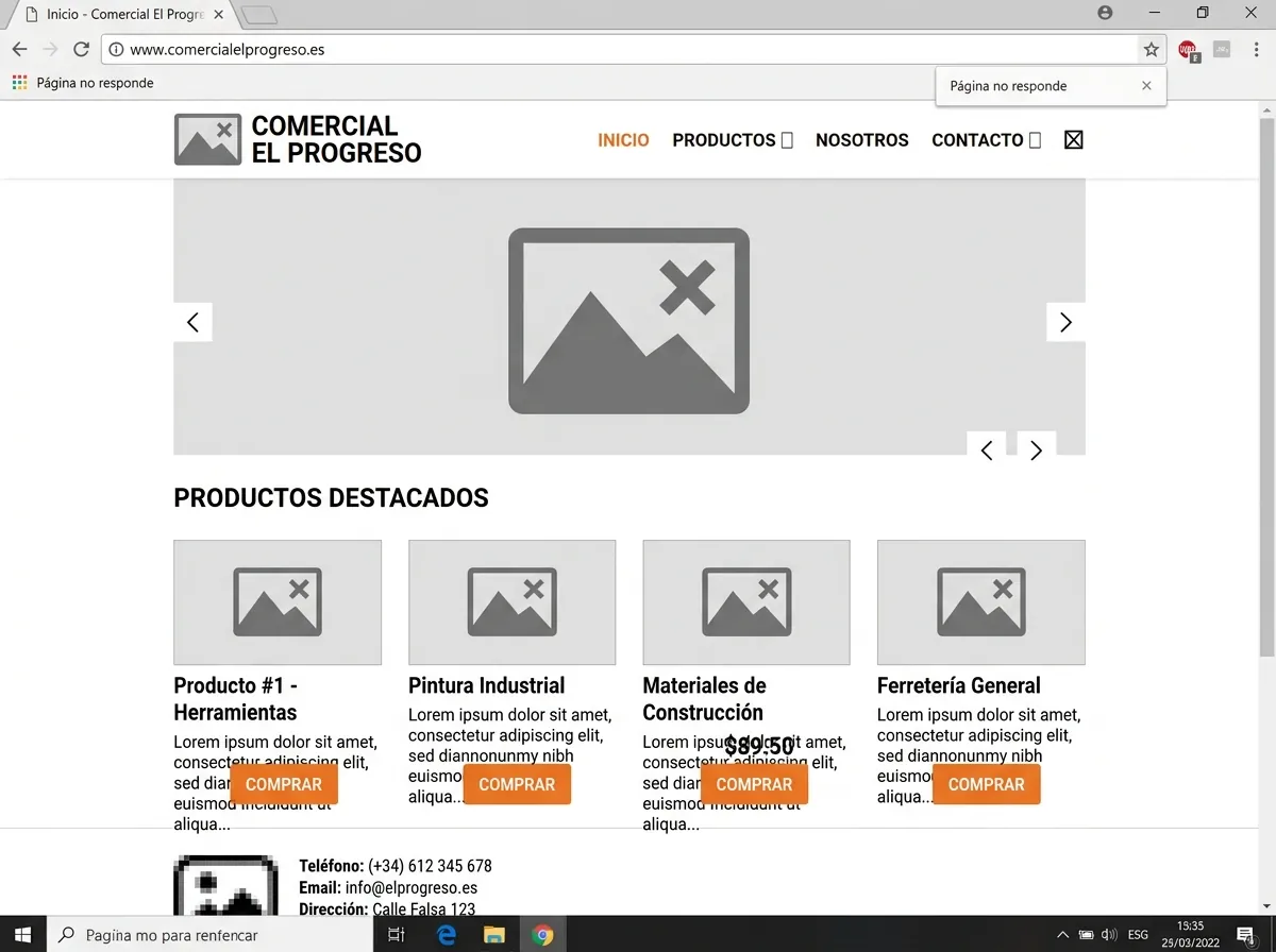Ejemplo de página web con errores: íconos de imagen rota, fotos que no cargan y botones desalineados, típico antes de una reestructuración
