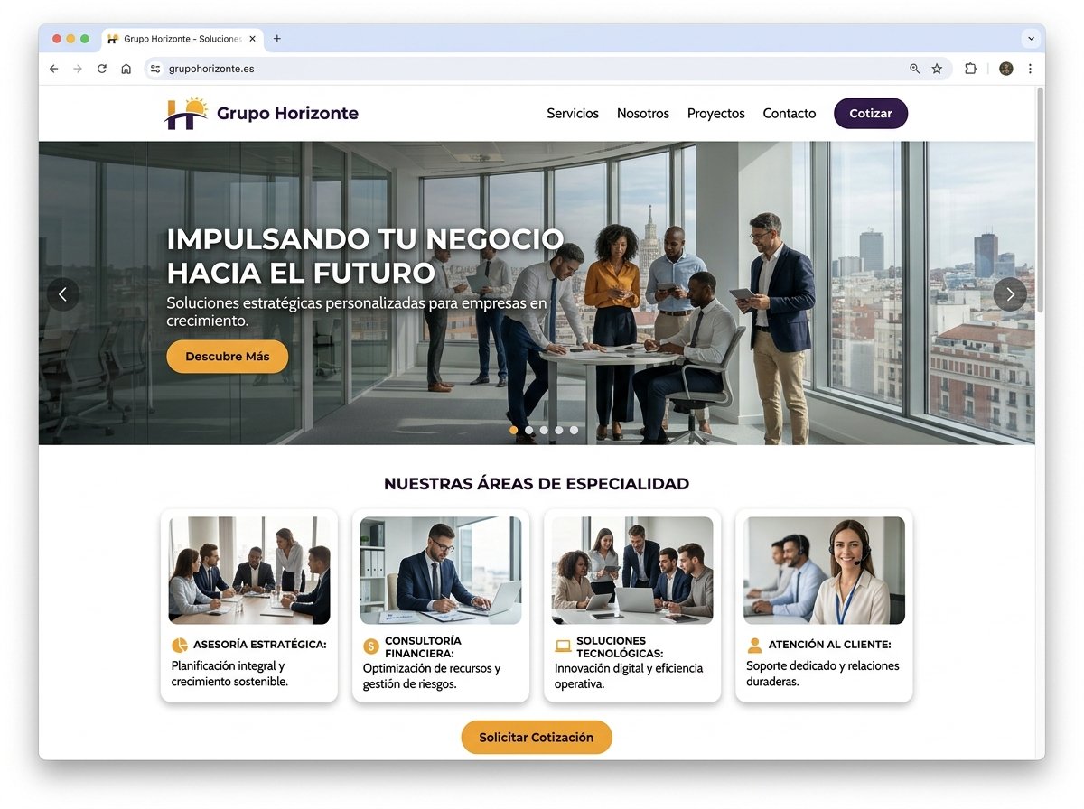 Ejemplo de página web profesional con slider de imágenes, marca visible y fotografía de calidad, resultado de una reestructuración con ImpulsoWeb