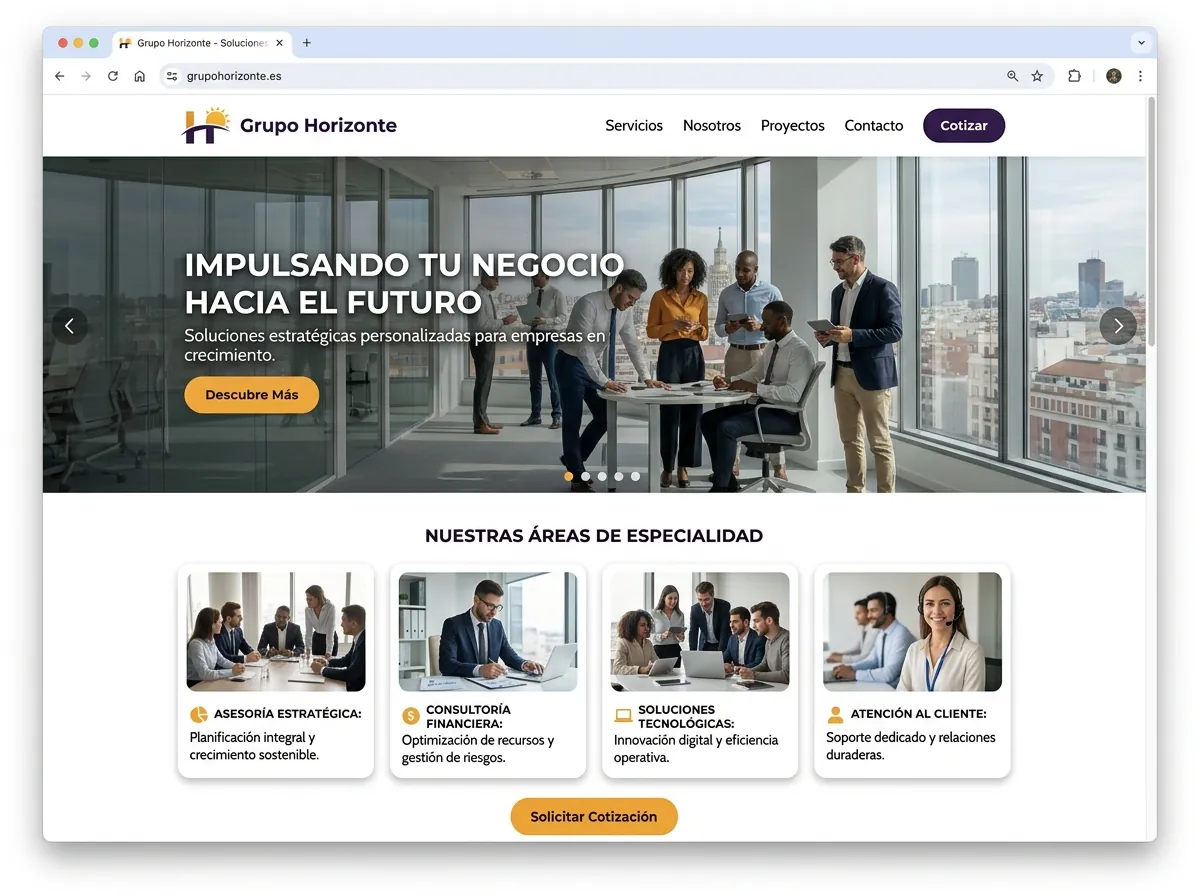 Ejemplo de página web profesional con slider de imágenes, marca visible y fotografía de calidad, resultado de una reestructuración con ImpulsoWeb